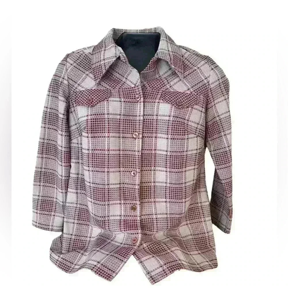 Vintage 60s 70s Plaid Shirt‎ Jacket Long Sleeve Pointed Collar Hipster Hippie L